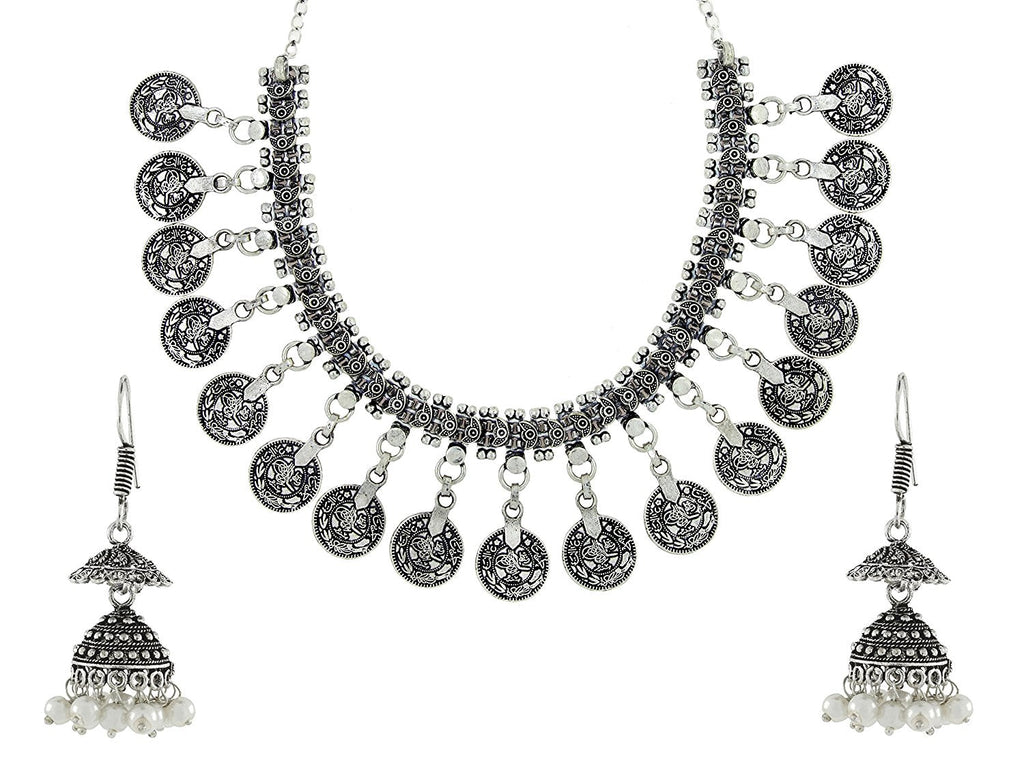 Tribal Bohemian Pearl Oxidized German Silver Plated Bass Necklace Earring Combo For Women