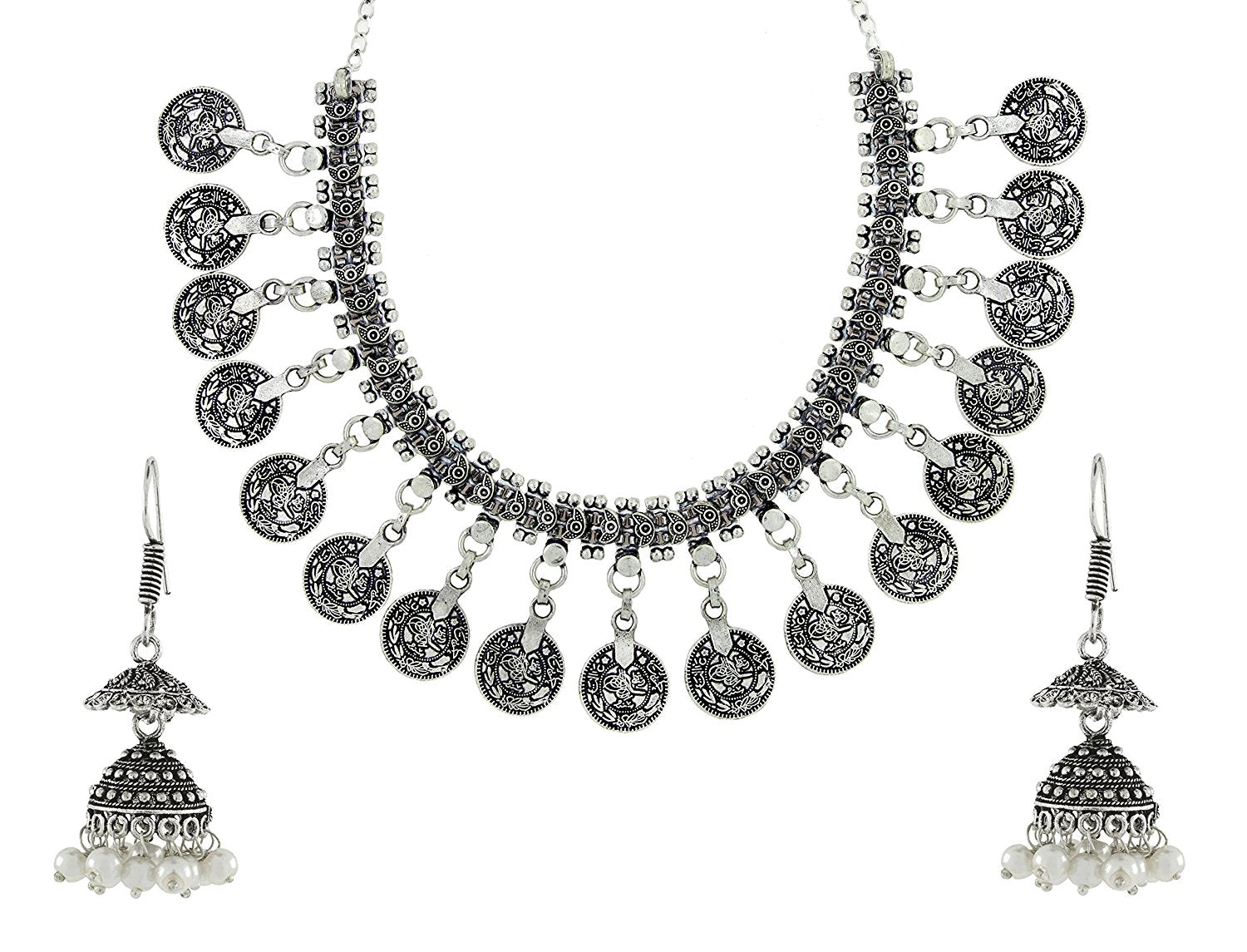Tribal Bohemian Pearl Oxidized German Silver Plated Bass Necklace Earring Combo For Women