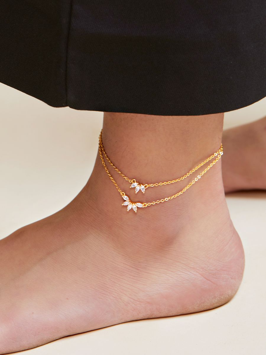 Marquise Cut Cubic Zirconia Gold Link Chain Layer Single Anklet Bulk