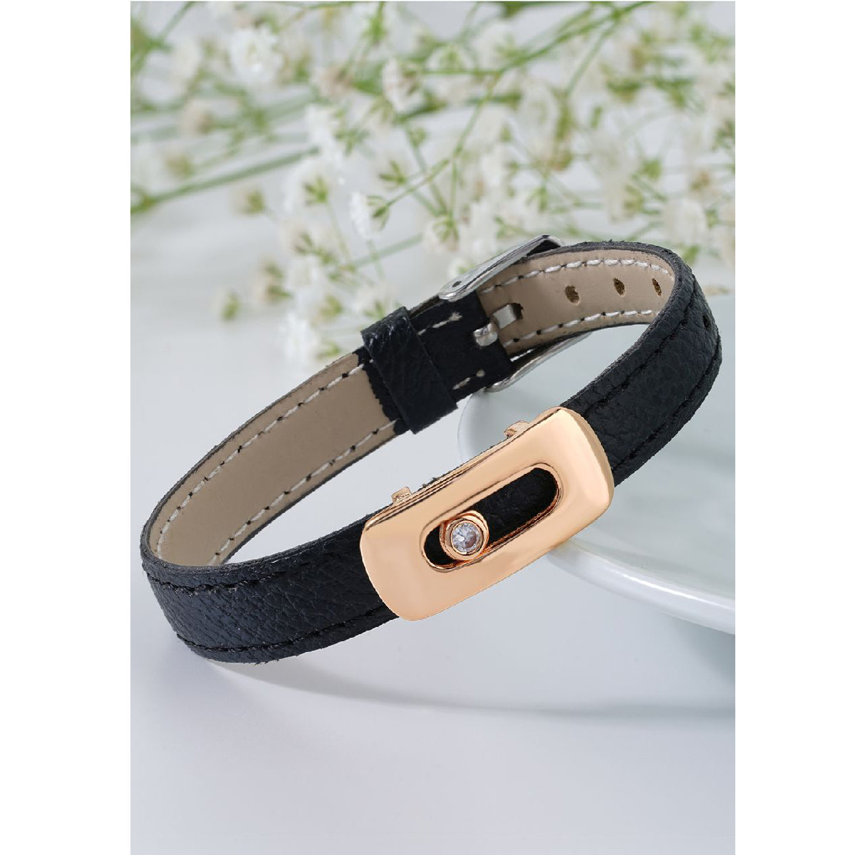 Cubic Zirconia Leather Copper Black Gold Id Wrist Band Bracelet Bulk