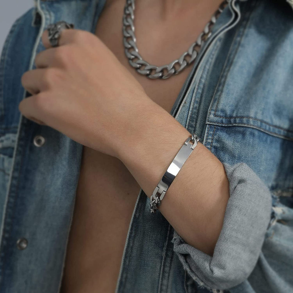Engrave Letter Name Stainless Steel Chain Id Bracelet For Men Bulk