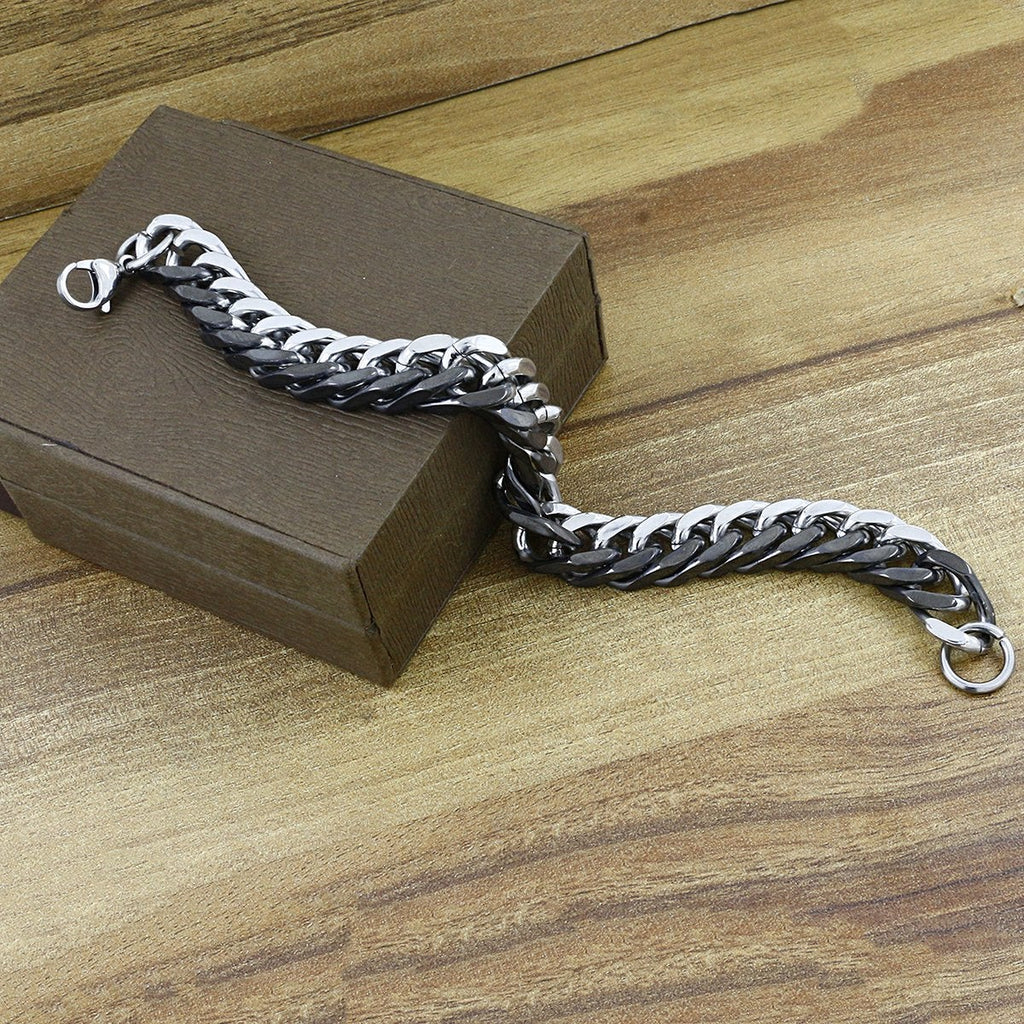Silver Black Curb Stainless Steel Bracelet For Men Bulk