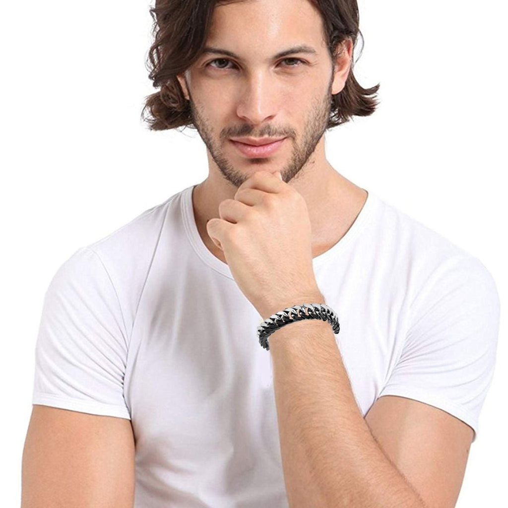 Silver Black Curb Stainless Steel Bracelet For Men Bulk