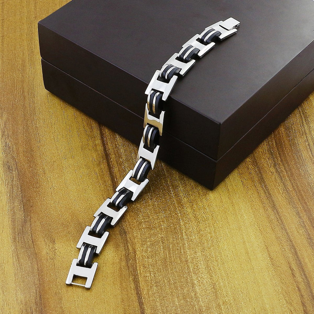 Geometric 316L Stainless Steel Black Inlay Bracelet For Men Bulk