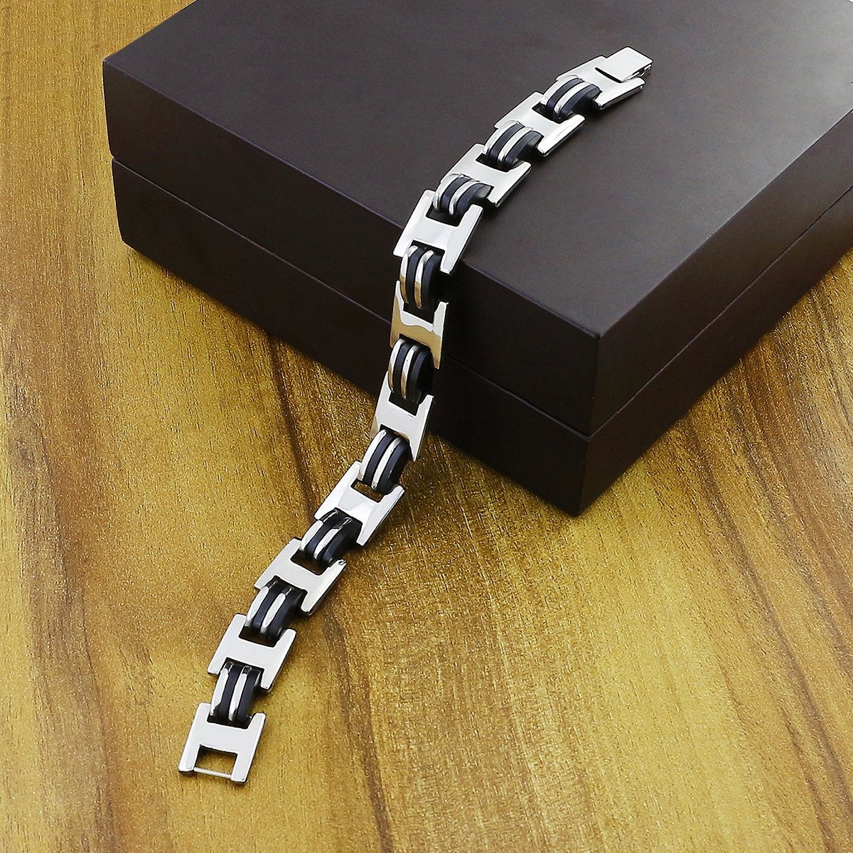 Geometric 316L Stainless Steel Black Inlay Bracelet For Men Bulk