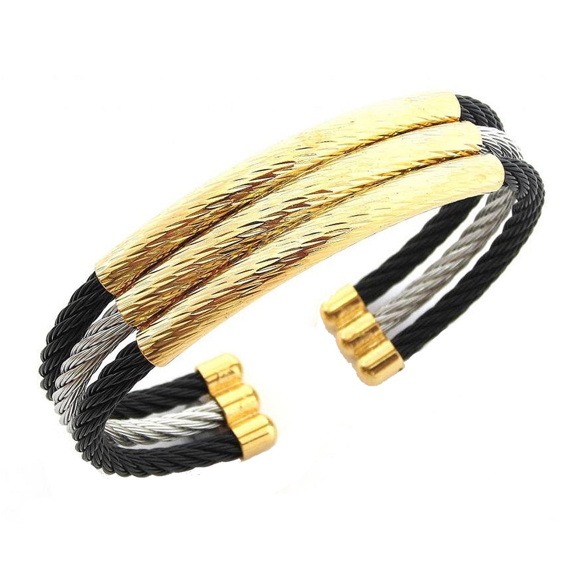 Triple Black Silver Gold Rope Wire Stainless Steel Cuff Kada Free Size Bracelet Main image