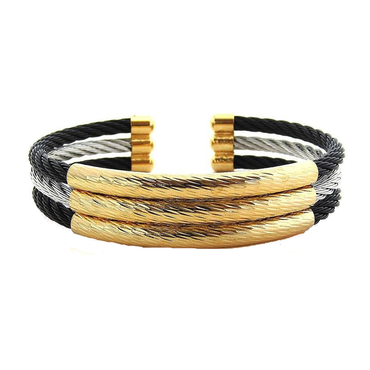 Triple Black Silver Gold Rope Wire Stainless Steel Cuff Kada Free Size Bracelet