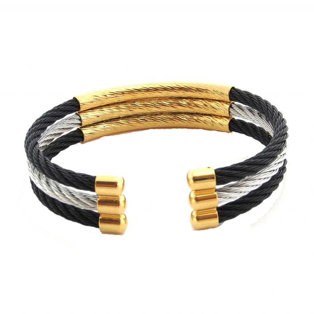 Triple Black Silver Gold Rope Wire Stainless Steel Cuff Kada Free Size Bracelet