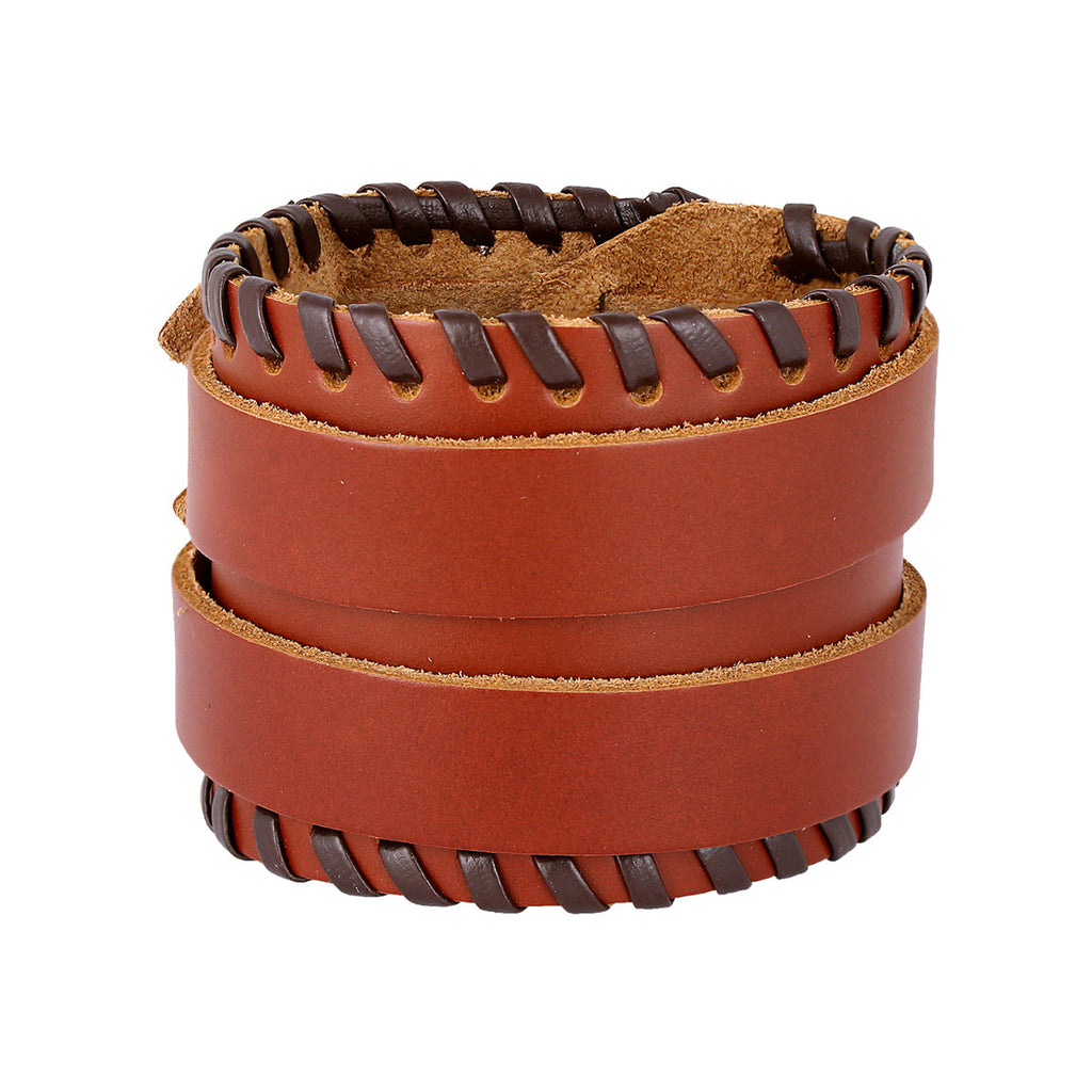 Brown Leather Black Border Stitched Buckle Fre Siz Bracelet Men Bulk