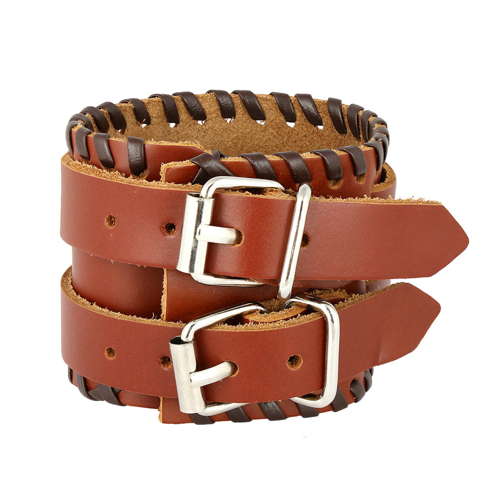 Brown Leather Black Border Stitched Buckle Fre Siz Bracelet Men Bulk