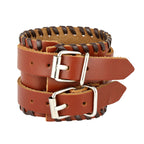 Brown Leather Black Border Stitched Buckle Fre Siz Bracelet Men Bulk