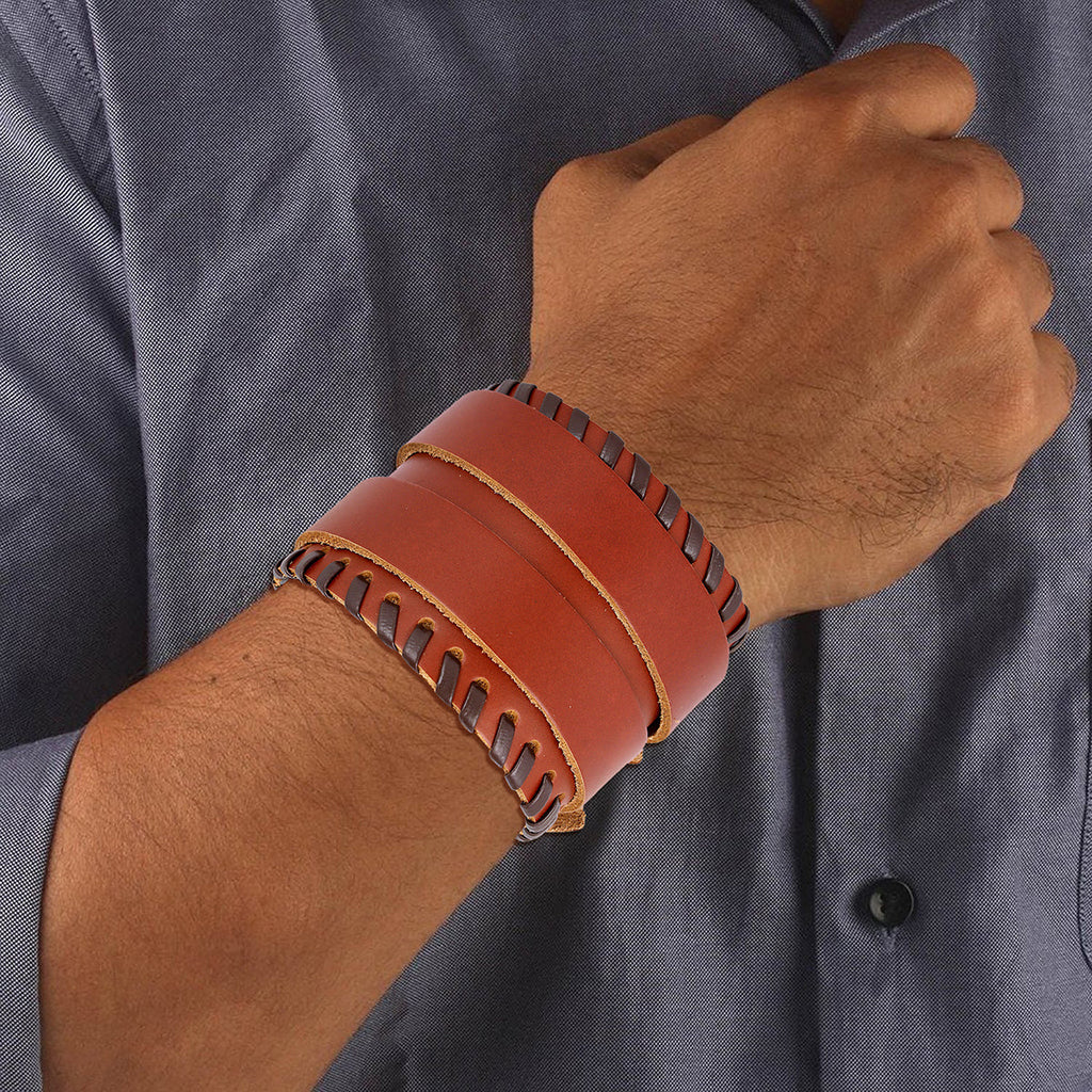 Brown Leather Black Border Stitched Buckle Fre Siz Bracelet Men Bulk