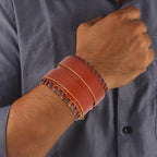 Brown Leather Black Border Stitched Buckle Fre Siz Bracelet Men Bulk