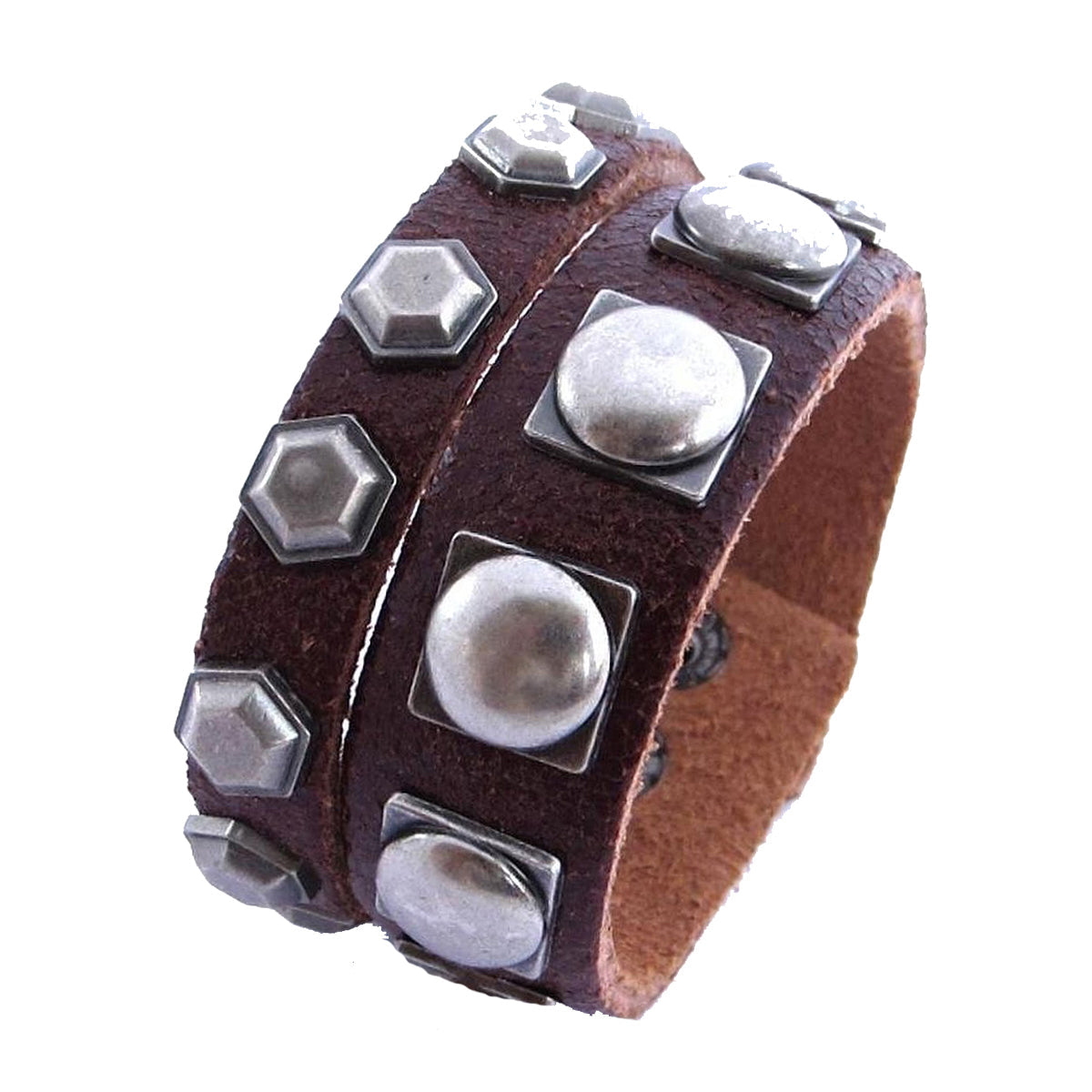 Genuine Brown Leather Twin Layer Studded Wrist Band Bracelet Men Bulk