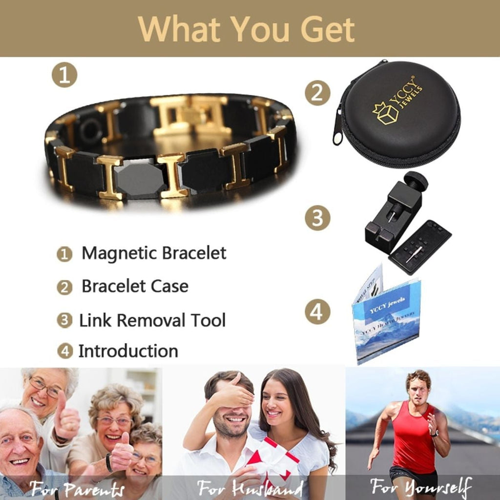 Gold Tungsten Carbide Black Glossy Ceramic Bio Magnetic Bracelet Bulk