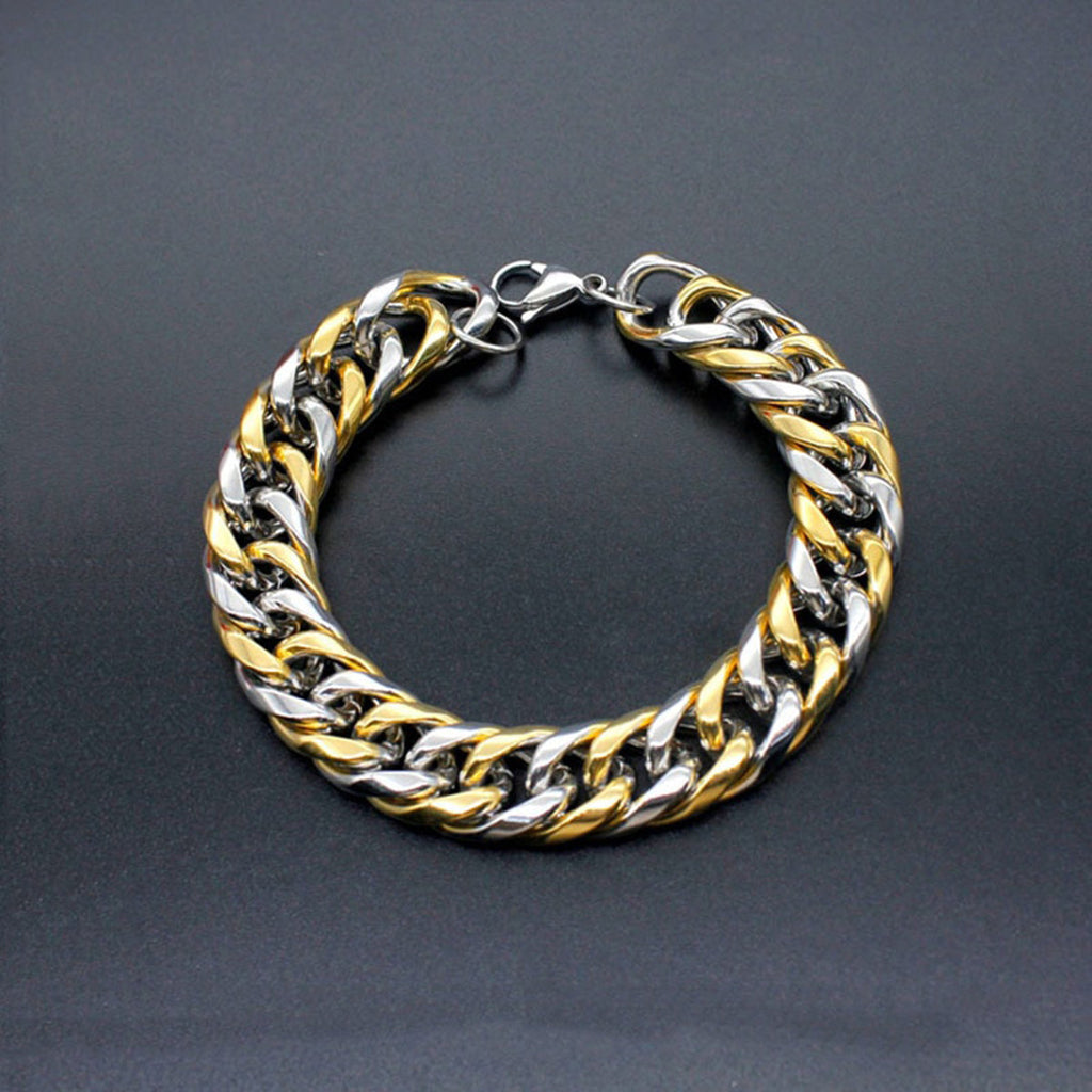 316L Stainless Steel Two Tone 3D Curb Gold Silver Bracelet Men Bulk