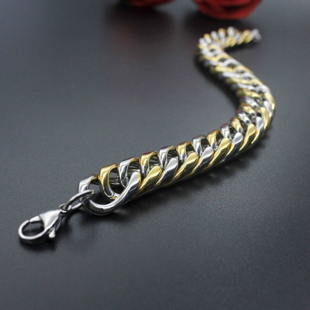 316L Stainless Steel Two Tone 3D Curb Gold Silver Bracelet Men Bulk