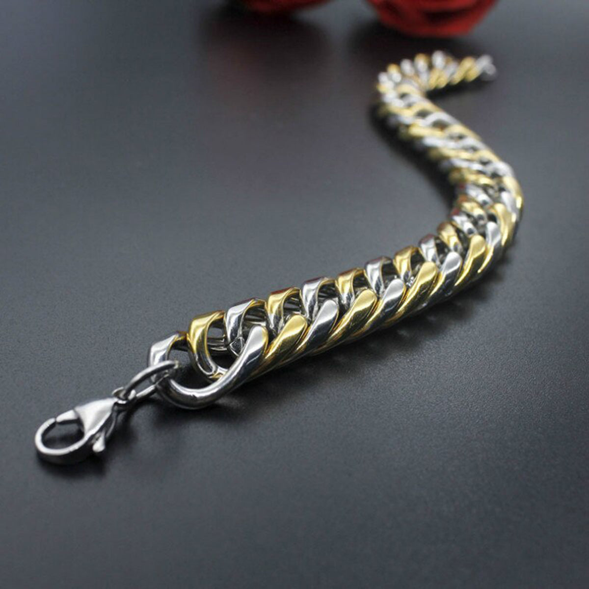 316L Stainless Steel Two Tone 3D Curb Gold Silver Bracelet Men Bulk