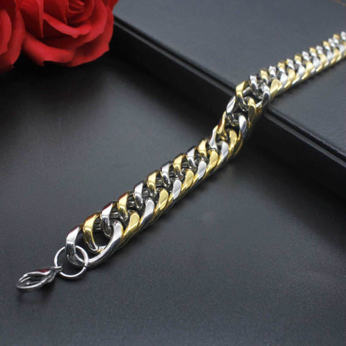 316L Stainless Steel Two Tone 3D Curb Gold Silver Bracelet Men Bulk
