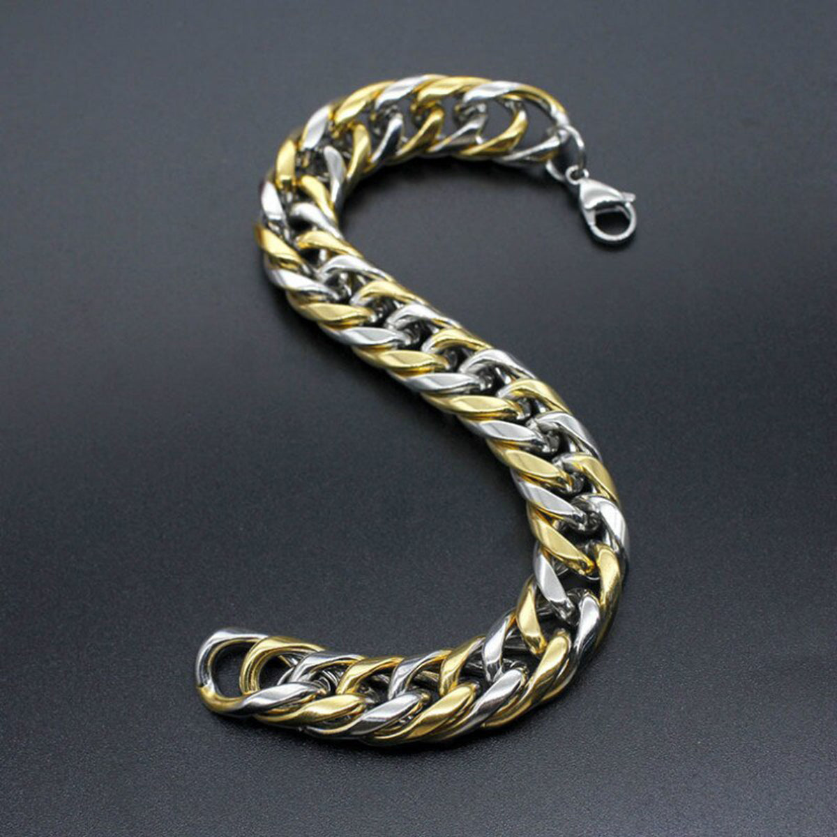 316L Stainless Steel Two Tone 3D Curb Gold Silver Bracelet Men Bulk