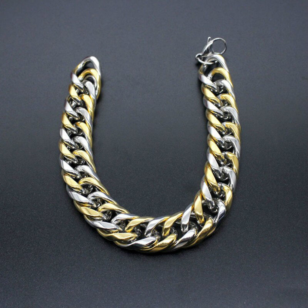 316L Stainless Steel Two Tone 3D Curb Gold Silver Bracelet Men Bulk