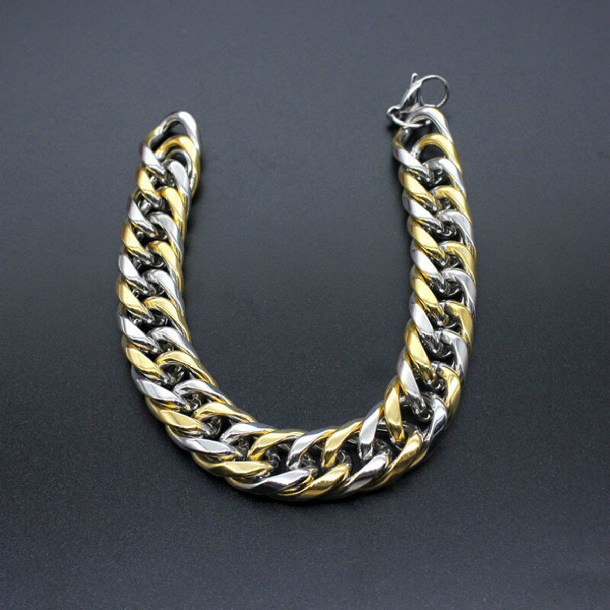 316L Stainless Steel Two Tone 3D Curb Gold Silver Bracelet Men Bulk