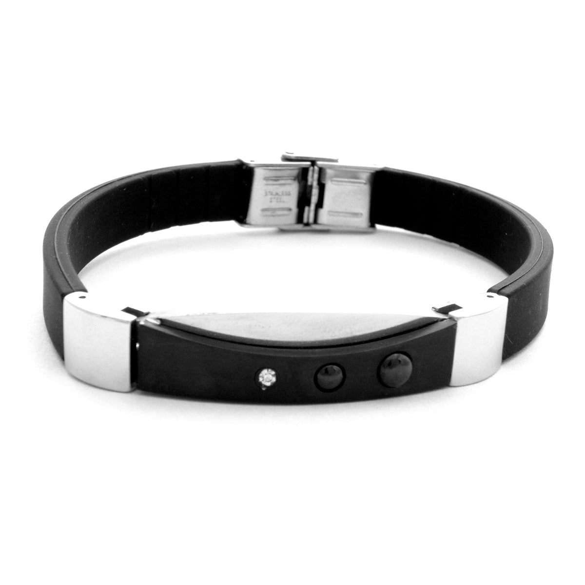 Stainless Steel CZ Curve Black Rubber Strap Free Size Bracelet Bulk Main image