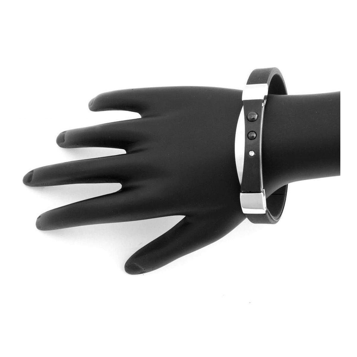 Stainless Steel CZ Curve Black Rubber Strap Free Size Bracelet Bulk Secondary image
