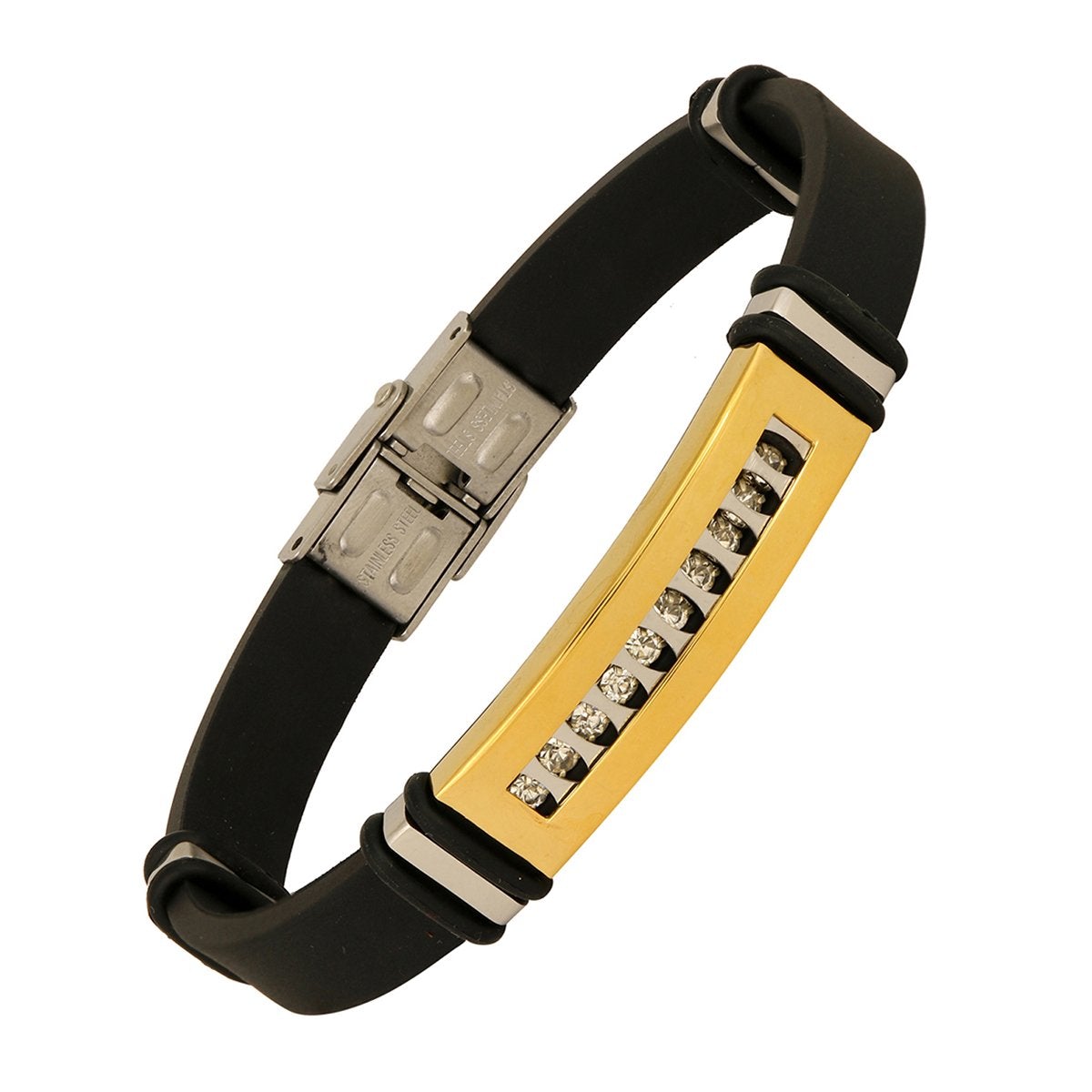 Stainless Steel CZ Gold Rubber Wrist Band Bracelet For Men Bulk