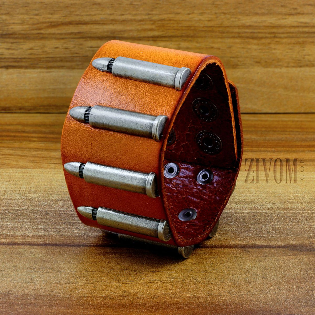Men Genuine Brown Tan Leather Bullet Wrist Band Bracelet For Men Bulk
