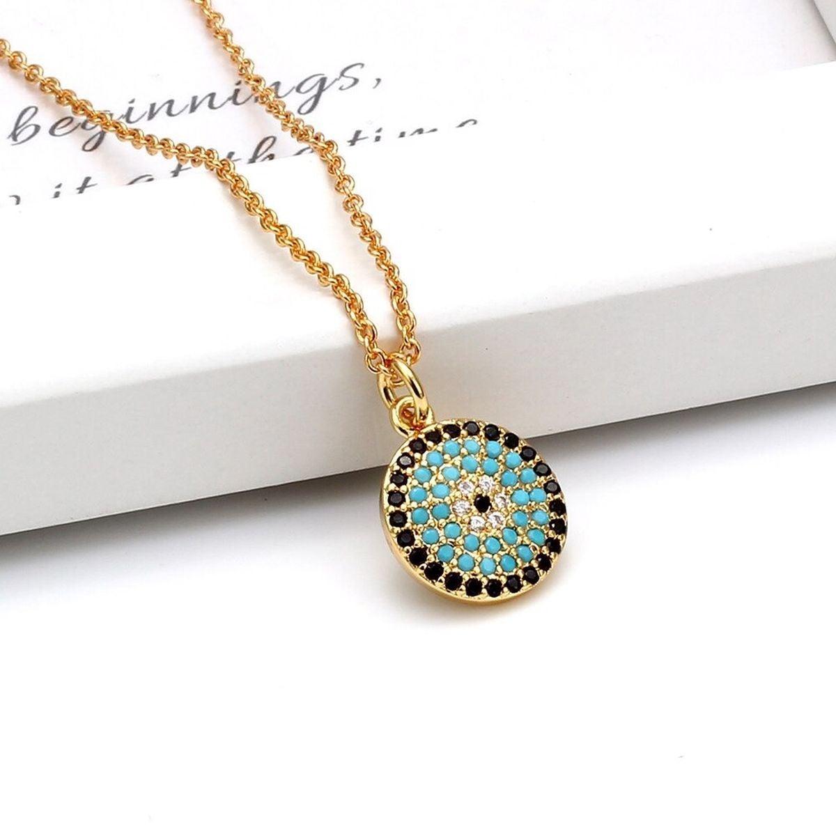 Turkish Evil Eye Blue Black Gold CZ Pendant Chain Necklace Bulk