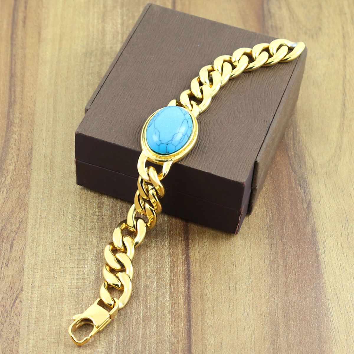 Salman Curb 18K Gold Plated Stainless Steel Turquoise Bracelet Bulk