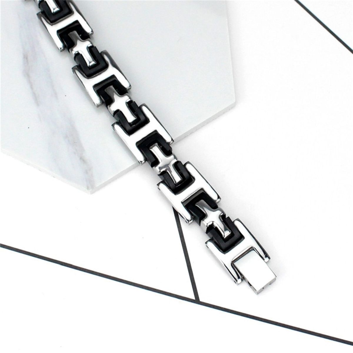 3D Cross Biker Black Silver Surgical Stainless Steel Bracelet Men Bulk