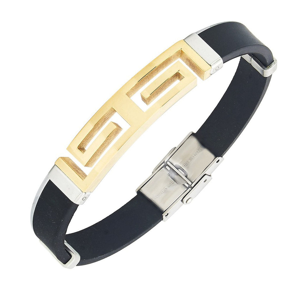 Geometric 18k Gold Plated Stainless Steel Silicon Rubber Wrist Band Id Bracelet For Men