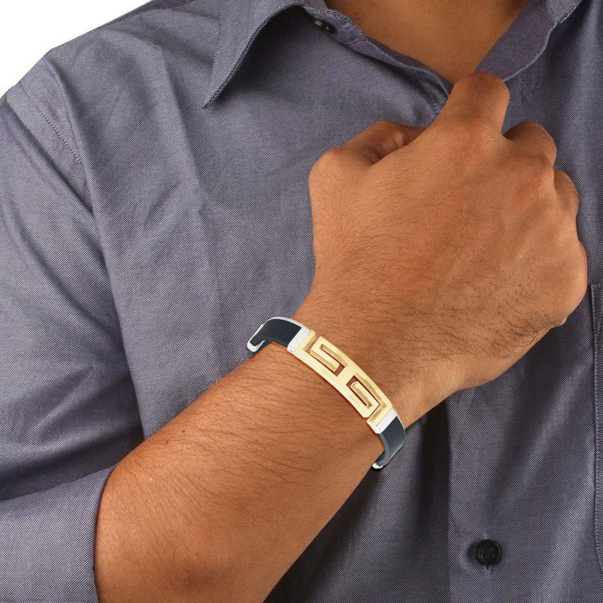 Geometric 18k Gold Plated Stainless Steel Silicon Rubber Wrist Band Id Bracelet For Men