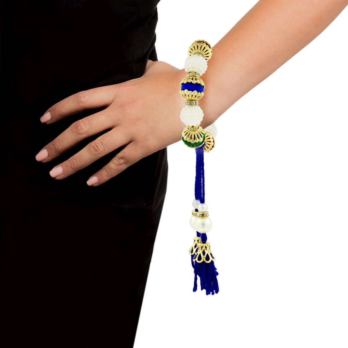 Handcrafted Blue Thread Gold Pearl CZ Stretchable Bracelet Bulk