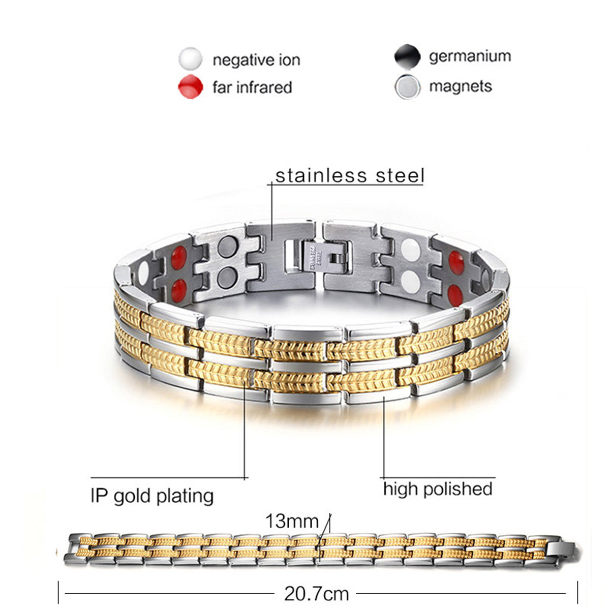Italian Stainless Steel 18K Gold Rhodium Finish Magnetic Bracelet Bulk