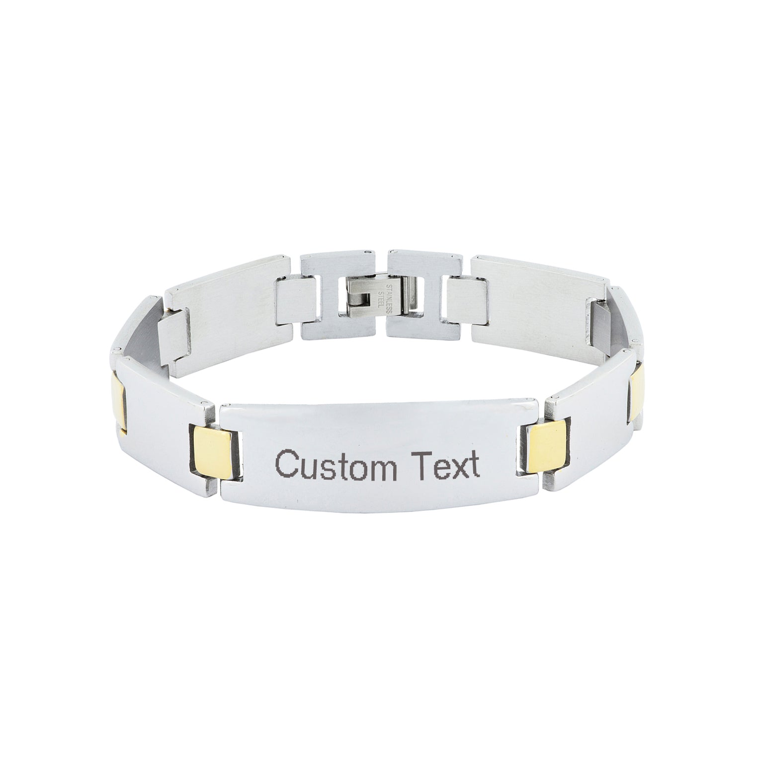 Glossy Two Tone 18K Gold Accents Stainless Steel Personalized Engraved Bracelet Men Main image