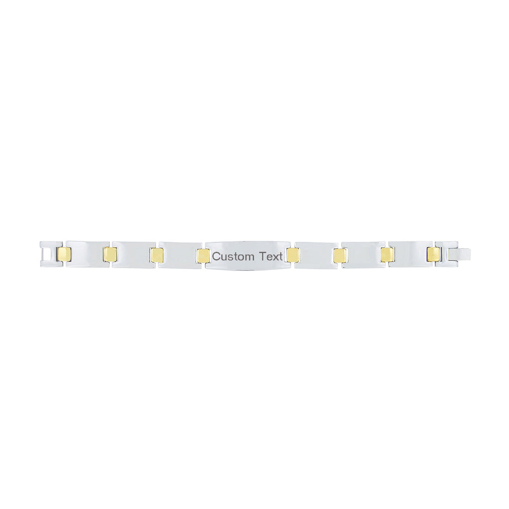 Glossy Two Tone 18K Gold Accents Stainless Steel Personalized Engraved Bracelet Men