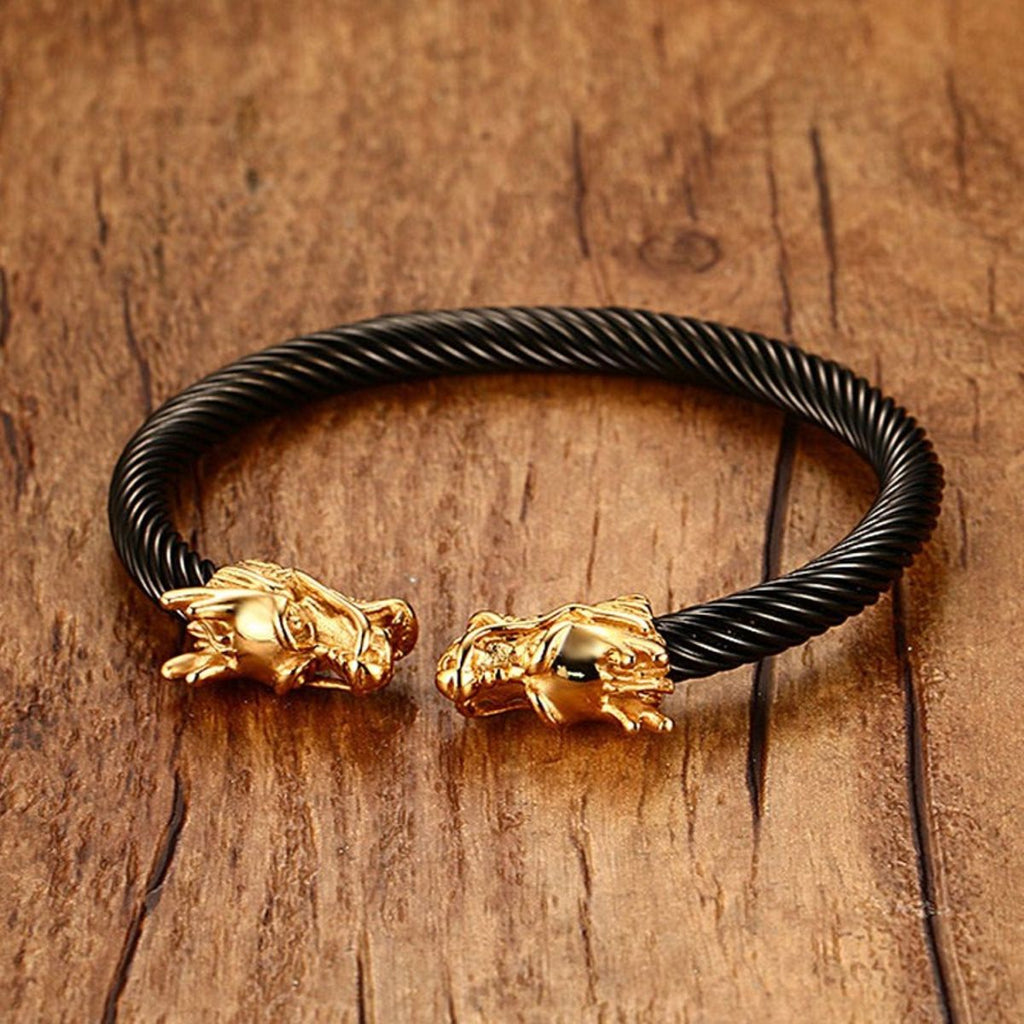 Lion Dragon Black Gold Stainless Steel Cuff Kada Bangle Bracelet Bulk