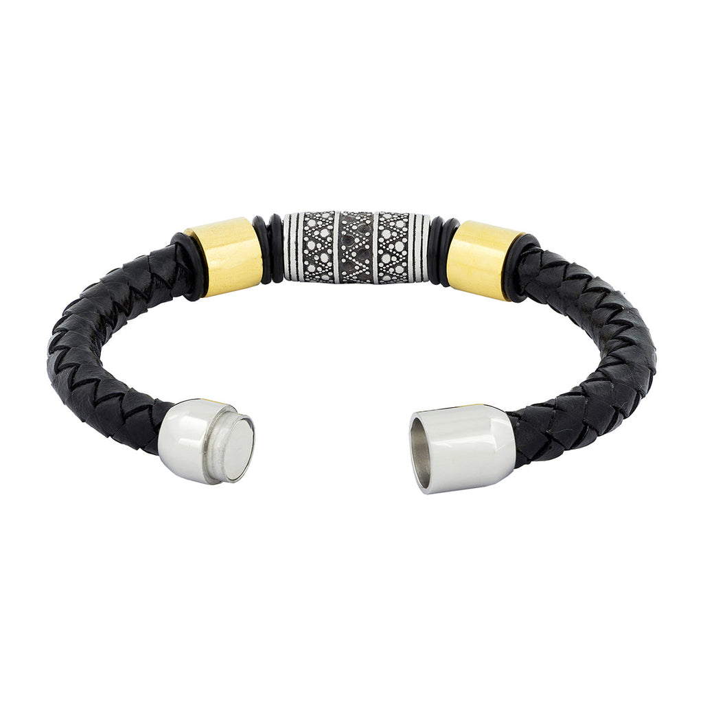 Vintage Handmade Black Leather Stainless Steel Wrist Band Bracelet
