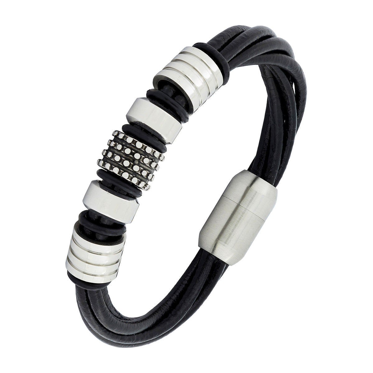 Biker Braided Black Leather Stainless Steel Wrist Band Bracelet Bulk Main image