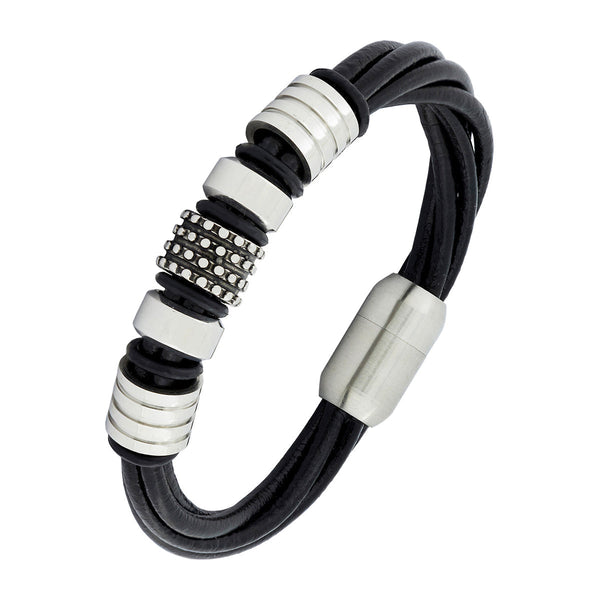 Biker Braided Black Leather Stainless Steel Wrist Band Bracelet Bulk Main image