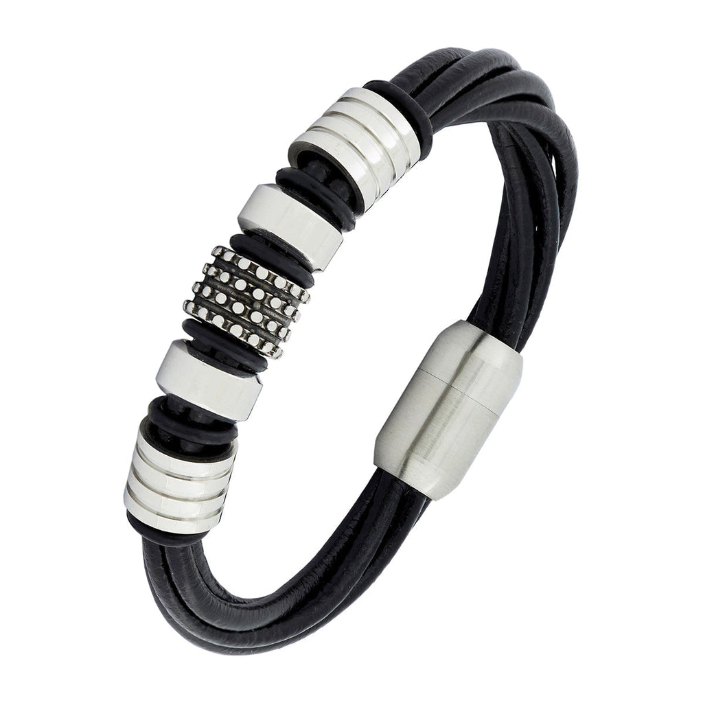 Biker Braided Black Leather Stainless Steel Wrist Band Bracelet Bulk