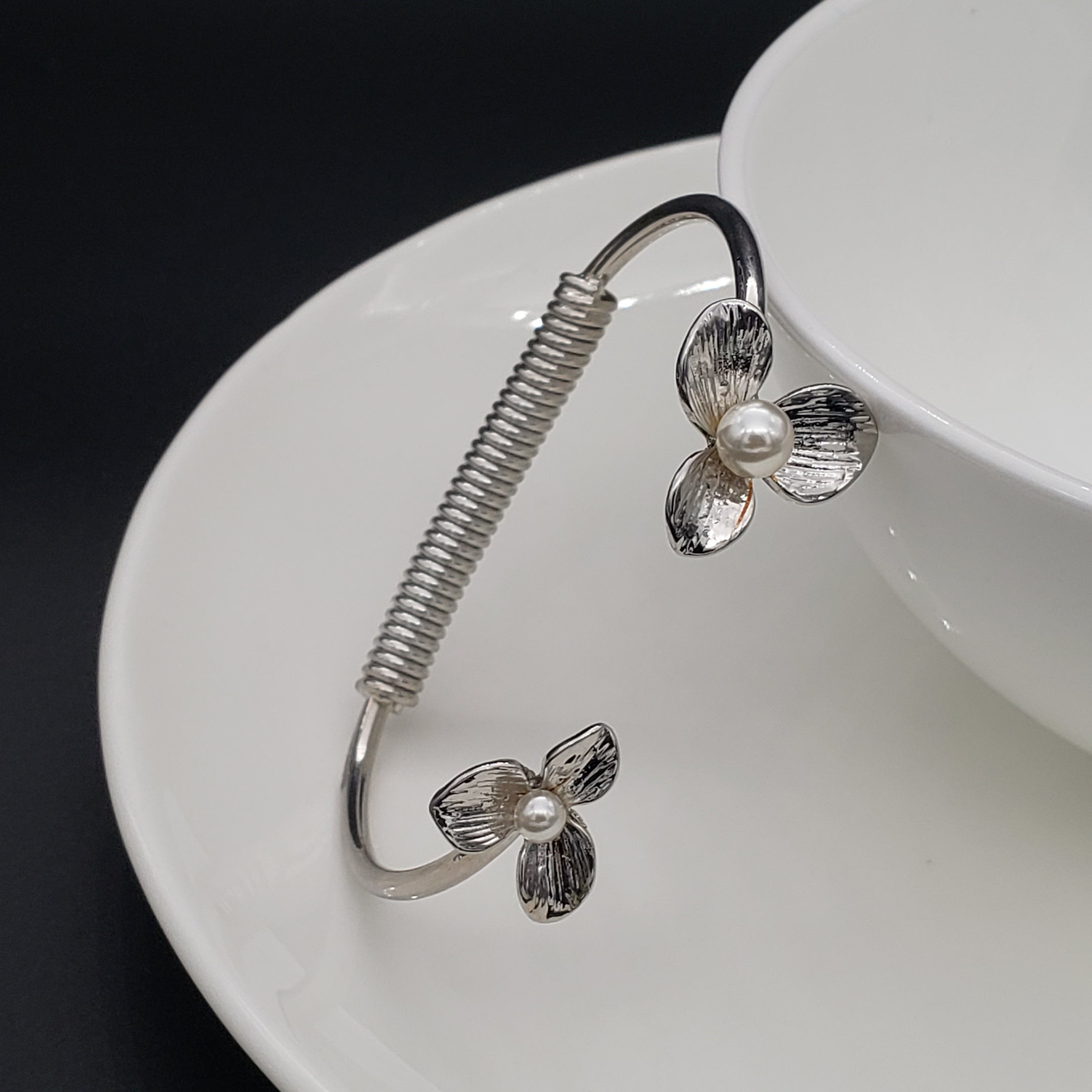 Stylish Delicate Flower Brass Cuff Kada Bangle Bracelet For Women