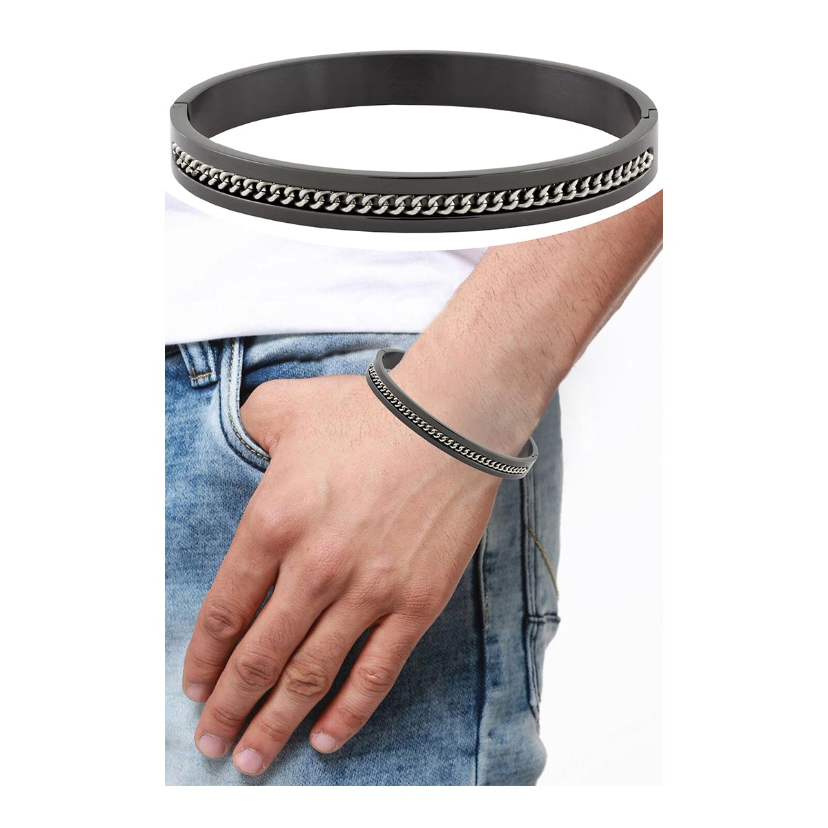 Designer Curb Silver Black Stainless Steel Kada Bangle Bracelet Bulk