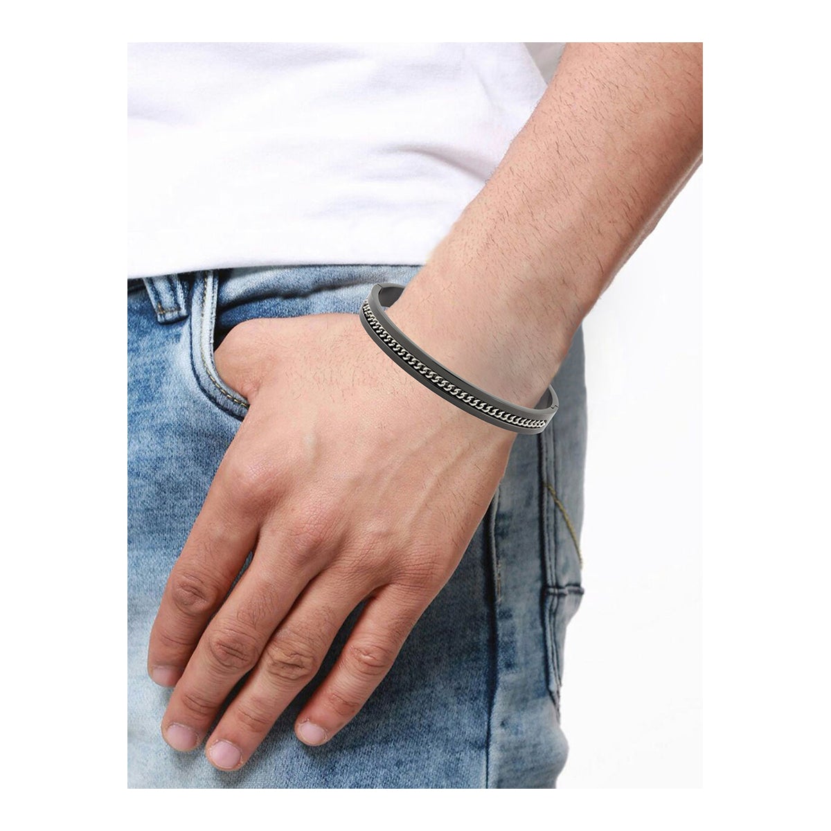 Designer Curb Silver Black Stainless Steel Kada Bangle Bracelet Bulk