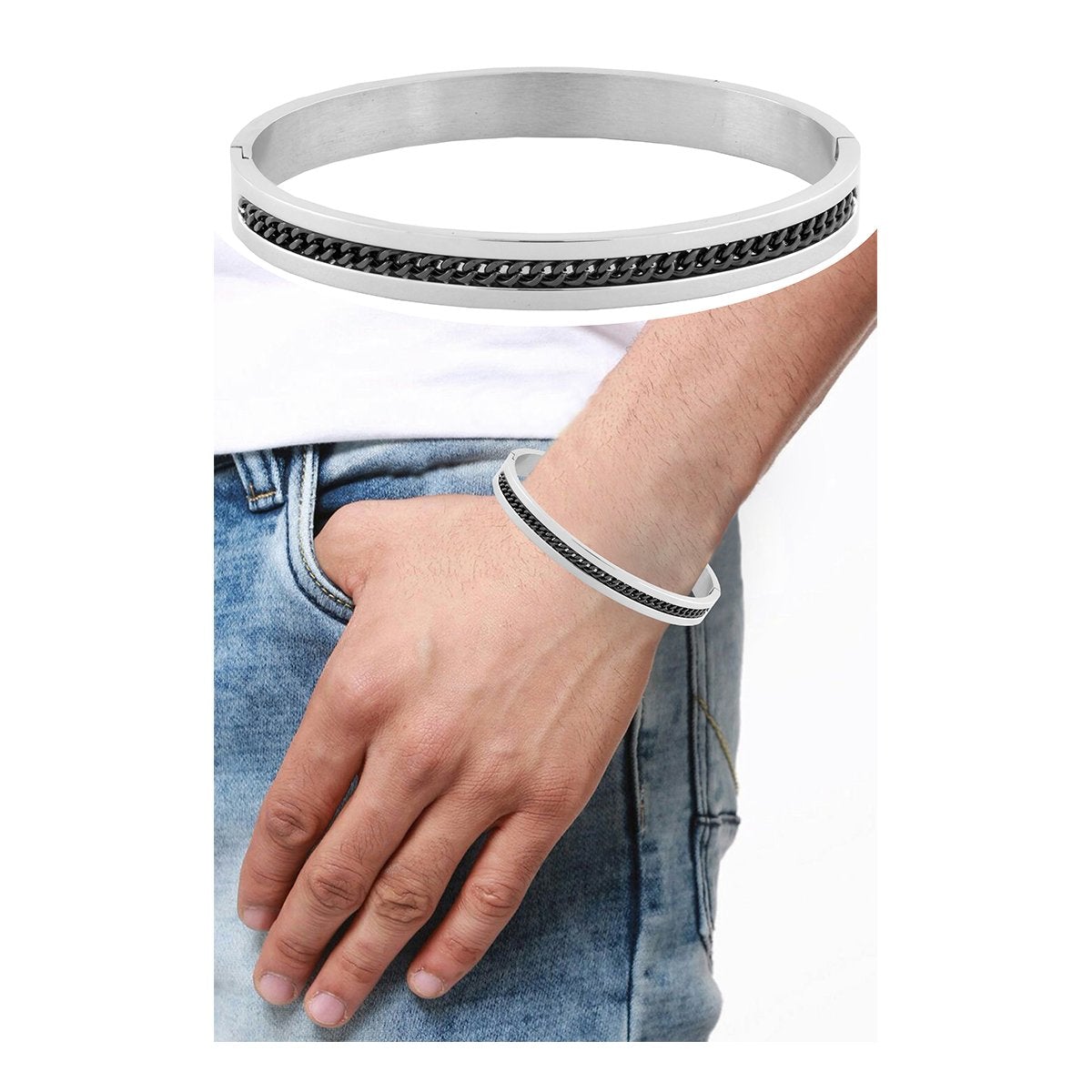 Designer Curb Black Silver Stainless Steel Kada Bangle Bracelet Bulk
