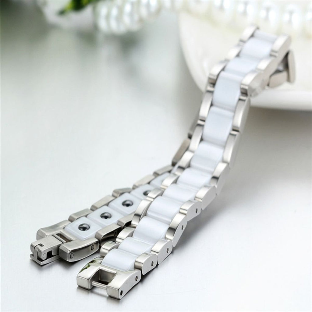 White Ceramic Silver 316L Stainless Steel Magnetic Bracelet Men Bulk
