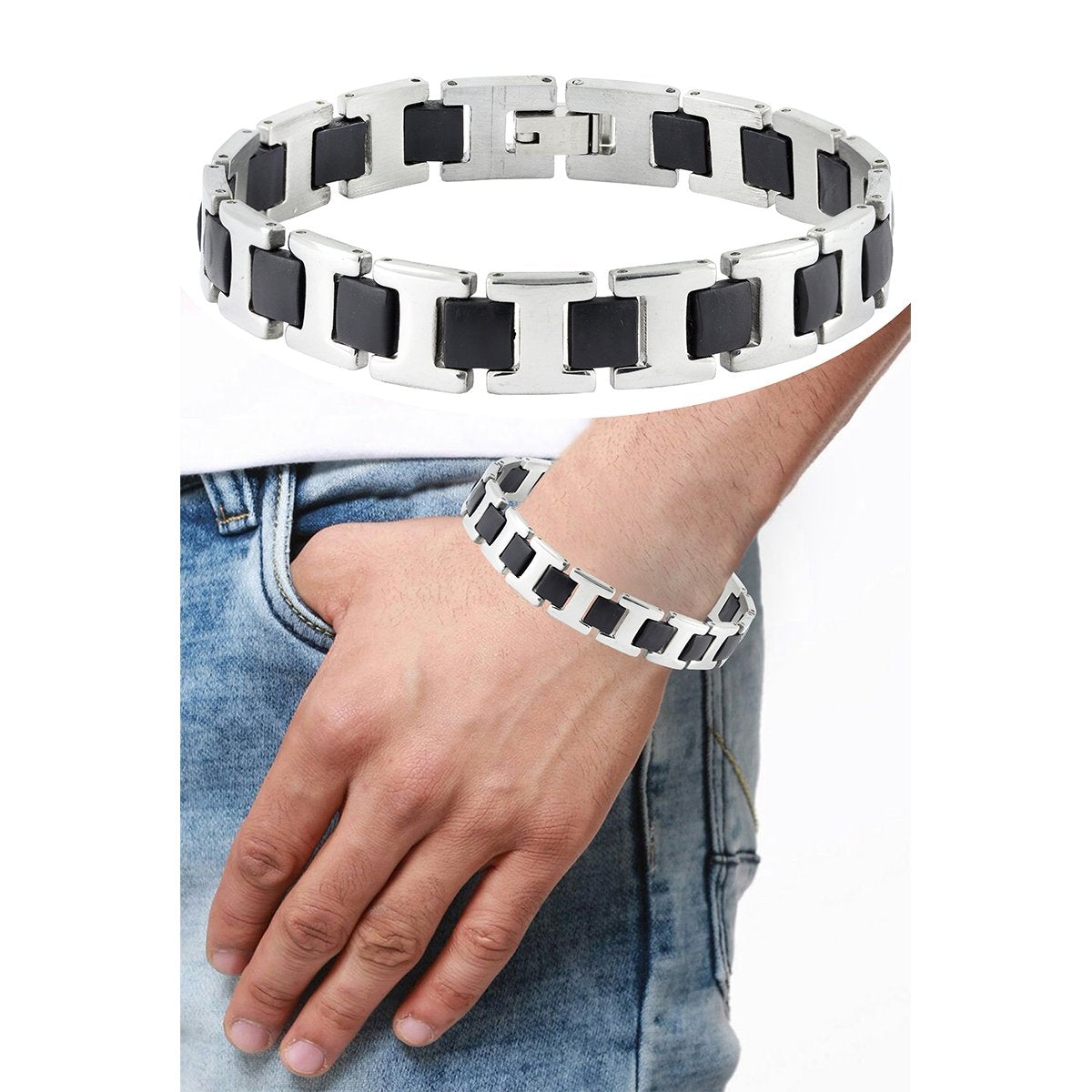 Black Fibre Links Silver 316L Surgical Stainless Steel Bracelet Bulk